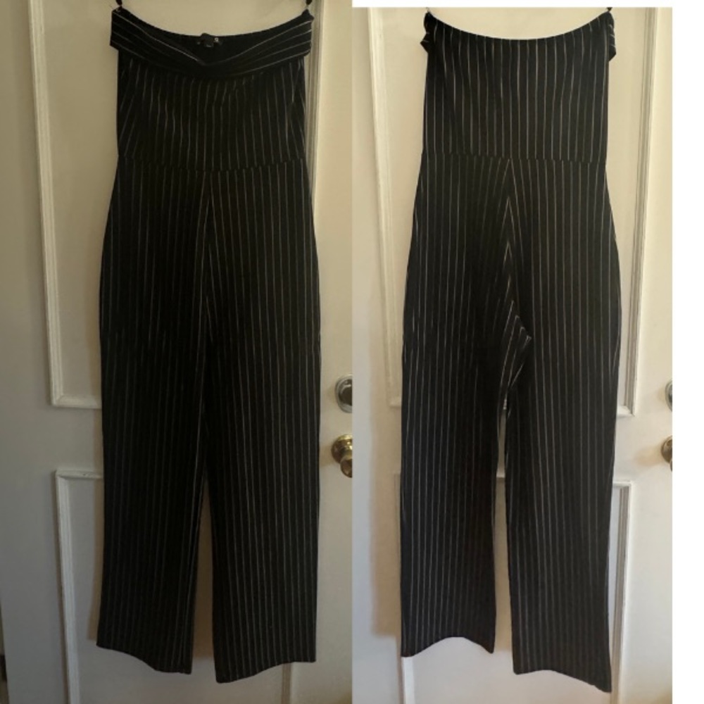 G by Guess Strapless Wide Leg Black and White Striped Jumpsuit
